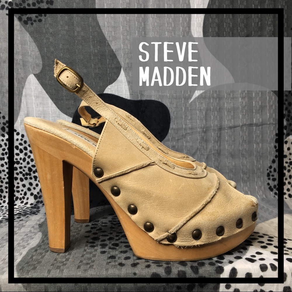 Steve Madden Ladies Tan Peep Toe Wood Heels